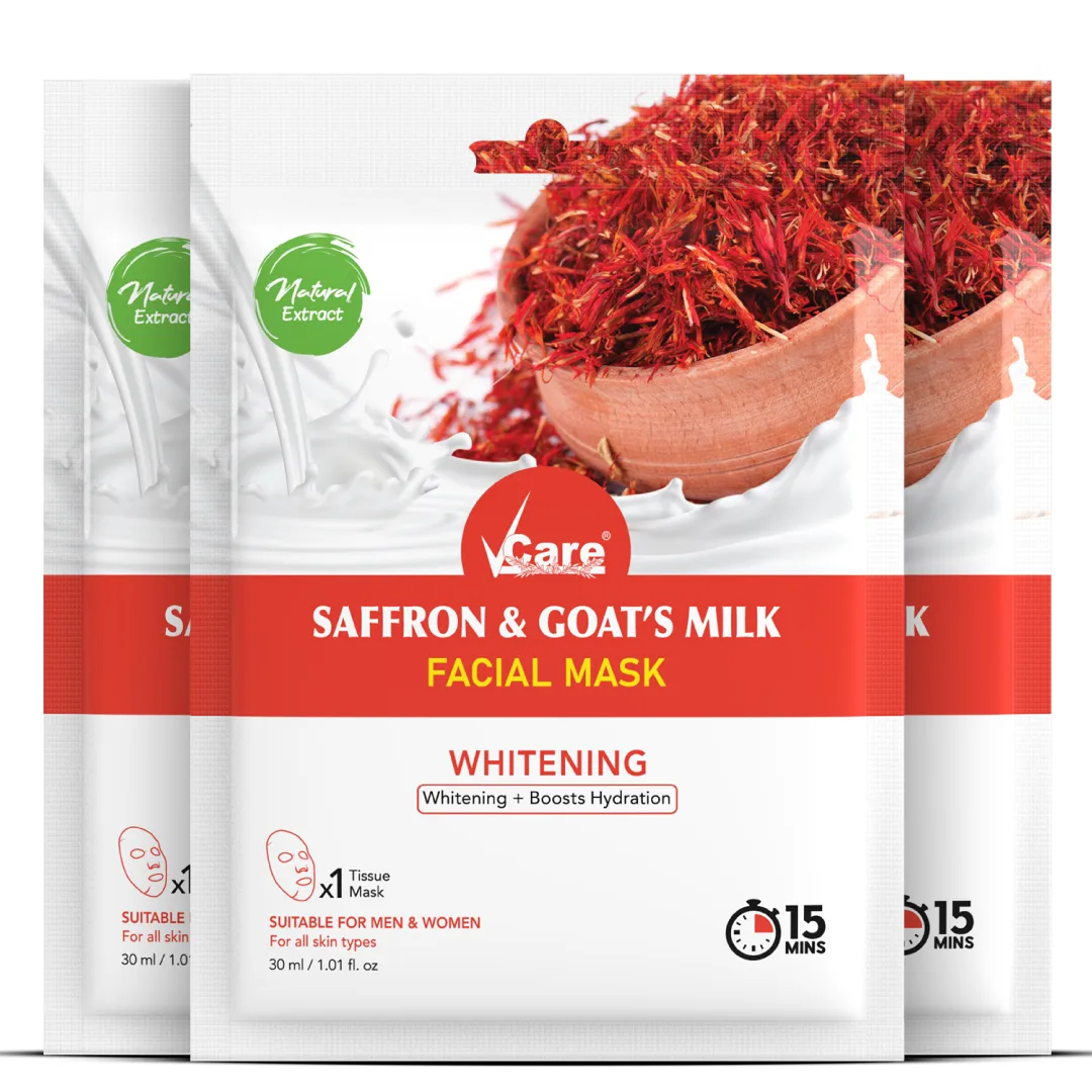 vcare saffron and goat milk facial sheet mask,benefits of facial sheet mask,facial sheet mask ingredients,easy to use facial sheet mask,face sheet mask for glowing skin